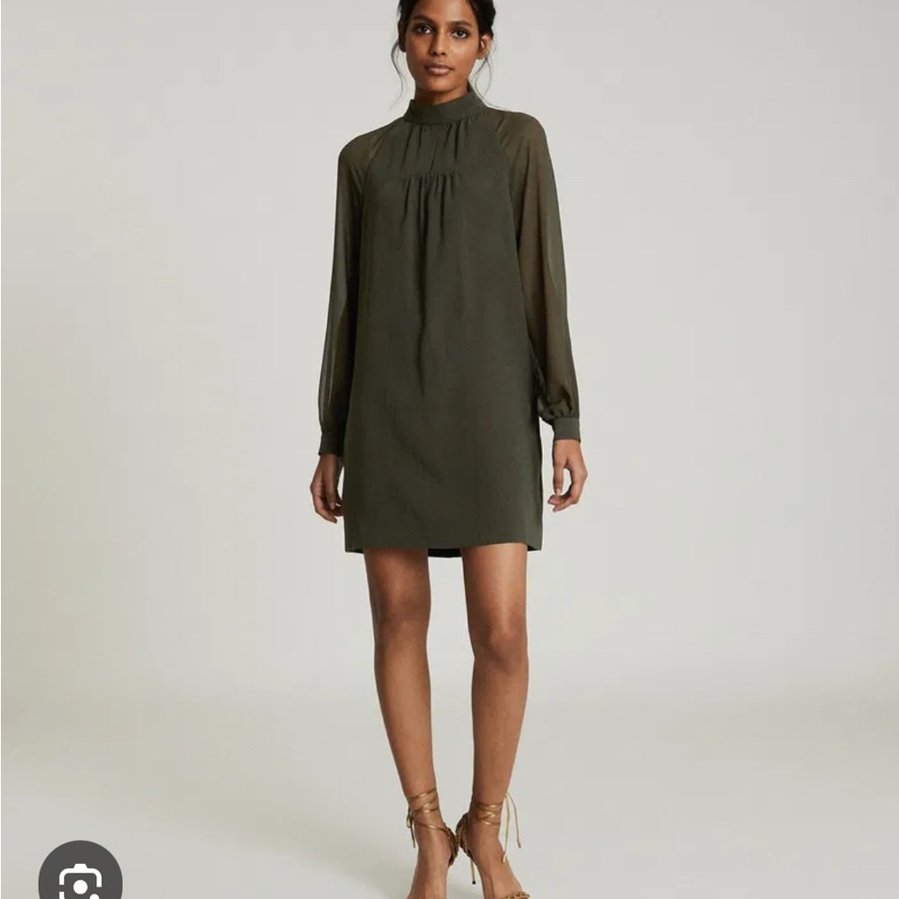 Reiss Wonens Leah Sheer Sleeve Dress Olive Green Size 0 NEW